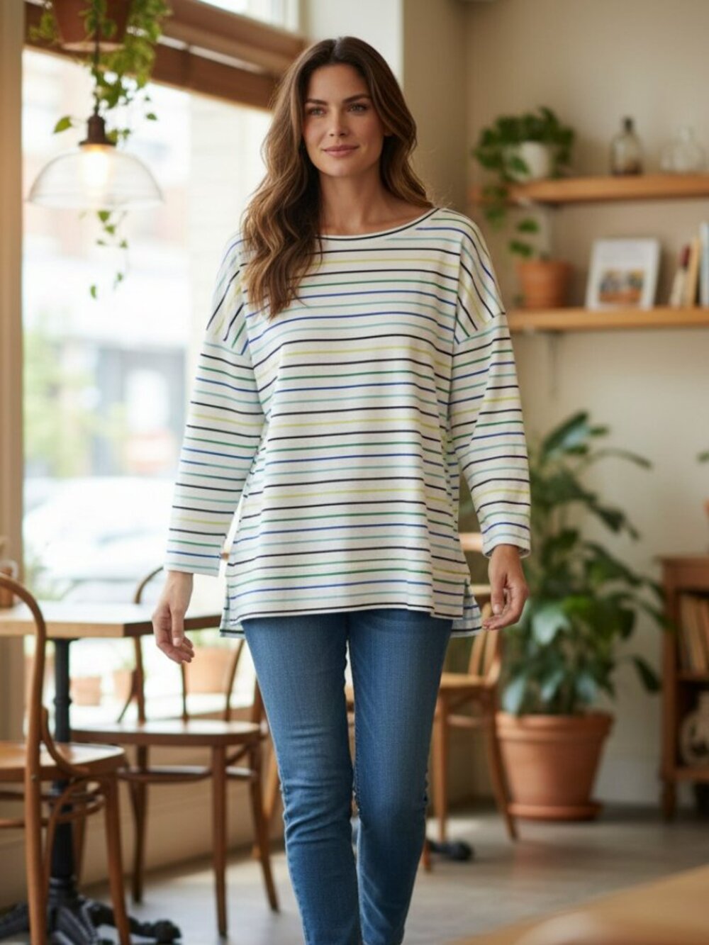 Talbots Long Sleeve White with Stripes Scoop Neck Top in Size 1X